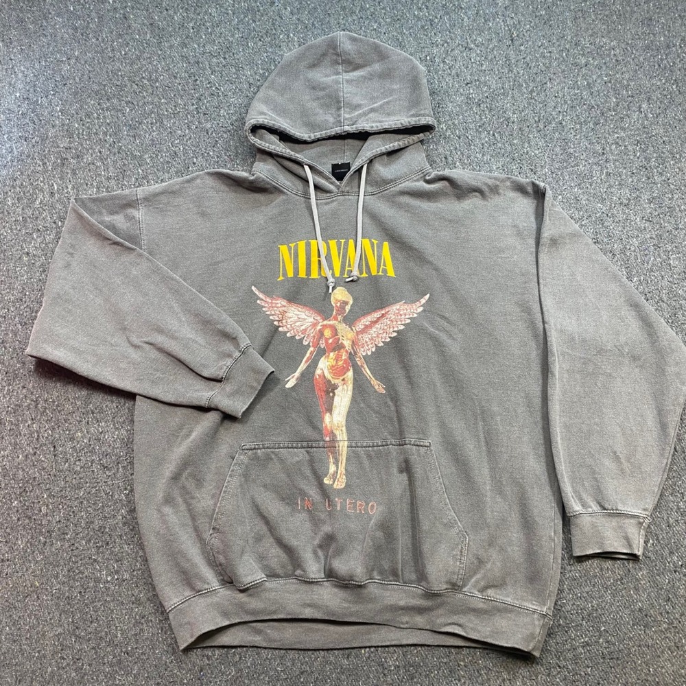 Nirvana In Utero TShirt Hoodie Sz L Mens Grey Grunge Skater Graphic Band Hoodie